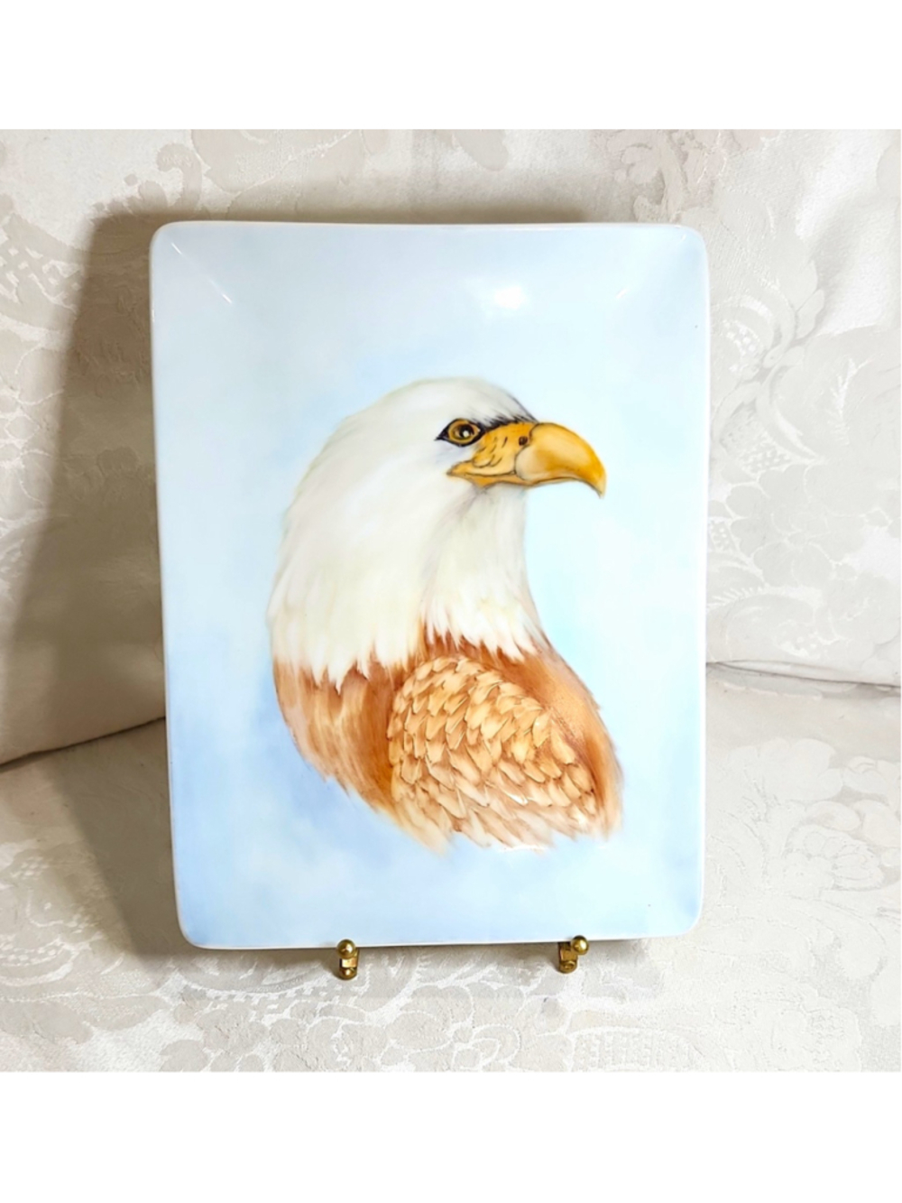 Hand Painted Bald Eagle Ceramic Decorative Plate Rectangular Glossy 9 x 8 in